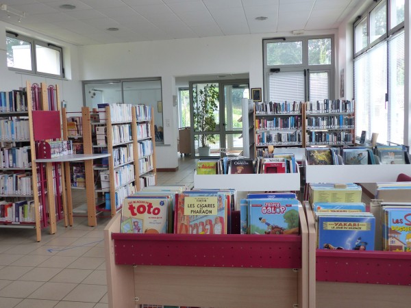 Vue globale de la médiathèque avec des types d'ouvrage différents (BD, romans…)