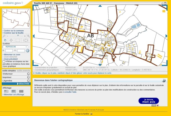 Exemple d'une vue du centre ville avec les parcelles dans la zone AB sur cadastre.gouv.fr